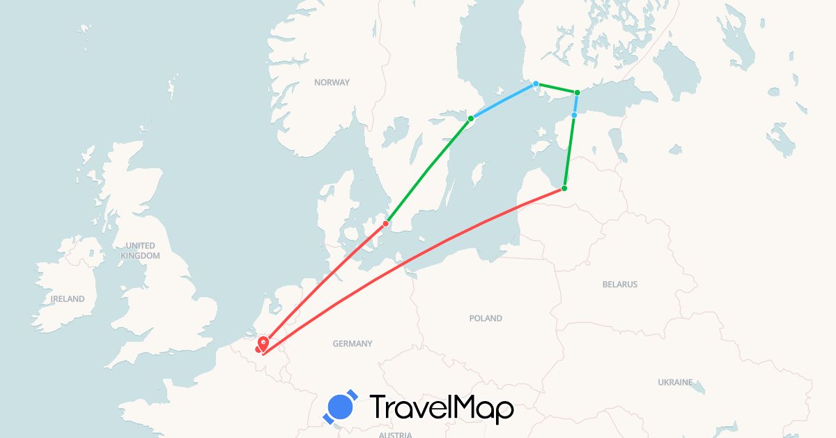 TravelMap itinerary: driving, bus, hiking, boat in Belgium, Denmark, Estonia, Finland, Latvia, Sweden (Europe)
